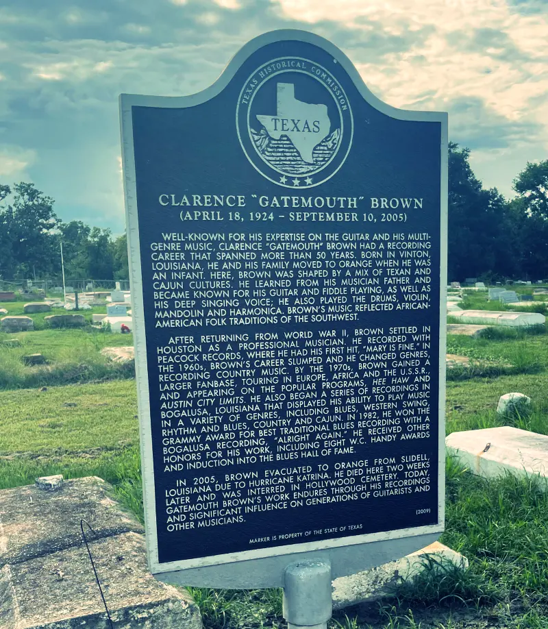 Orange: Clarence "Gatemouth" Brown gravesite and marker