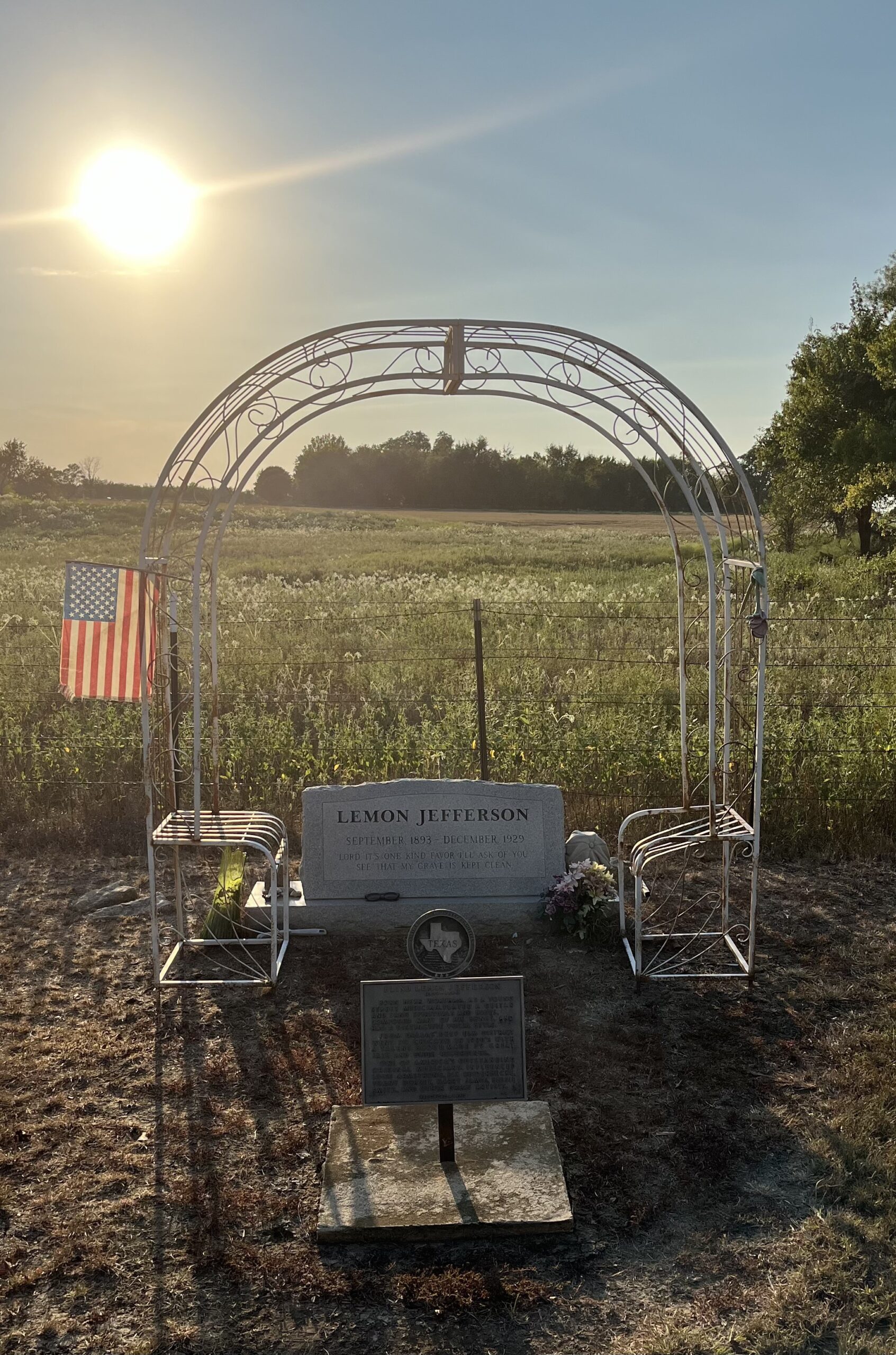 Blind Lemon Memorial Cemetery, Wortham, Texas — grave of Blind Lemon Jefferson at sunset