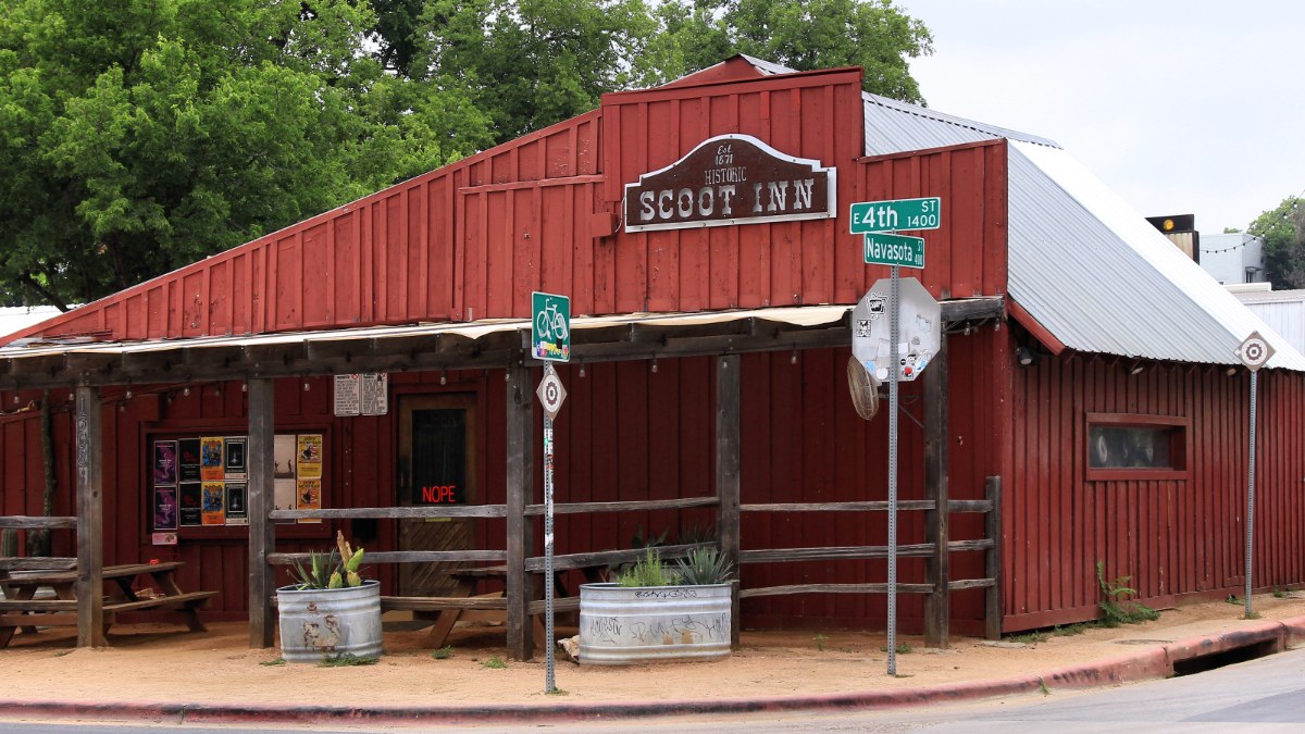 Exterior of the Historic Scoot Inn music venue in East Austin, Texas