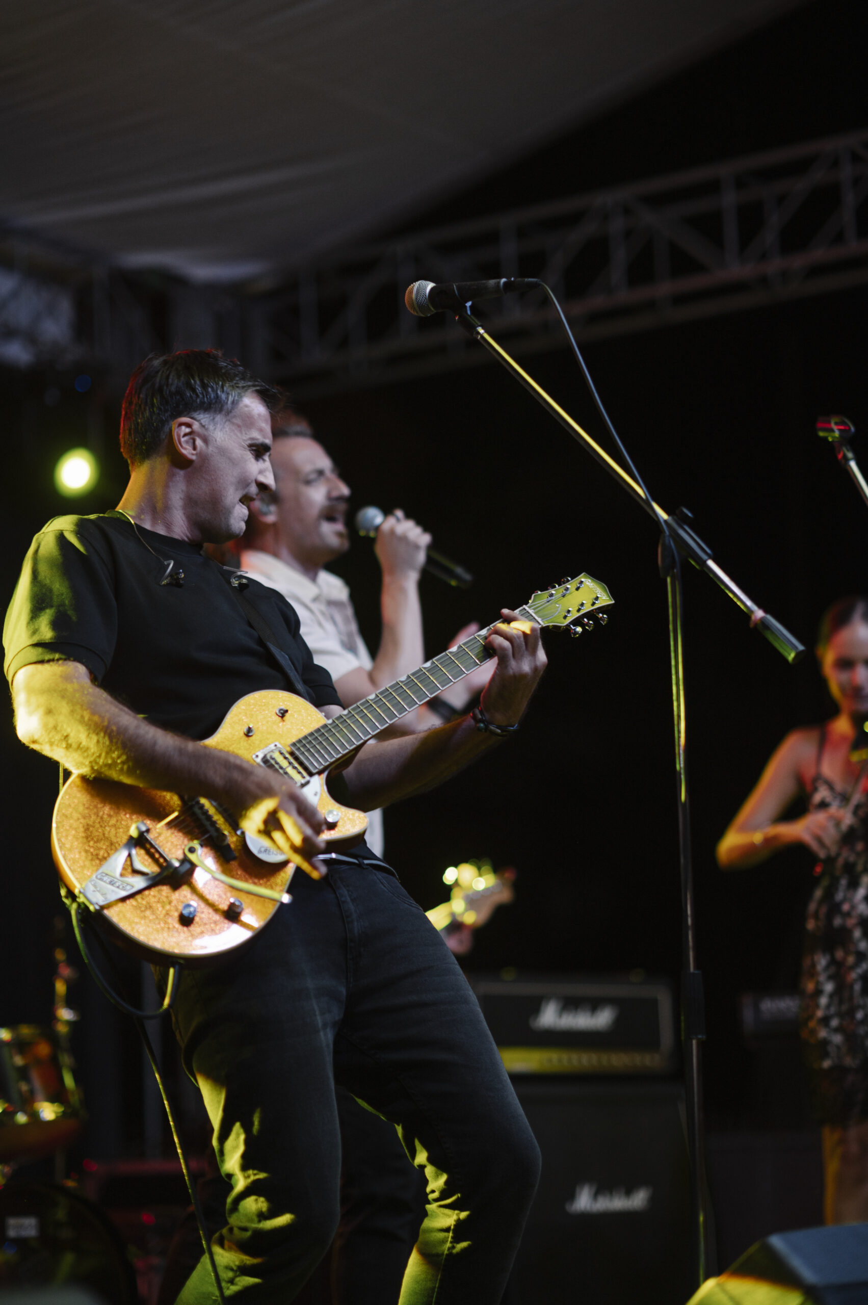 Musicians perform live on stage under bright concert lighting