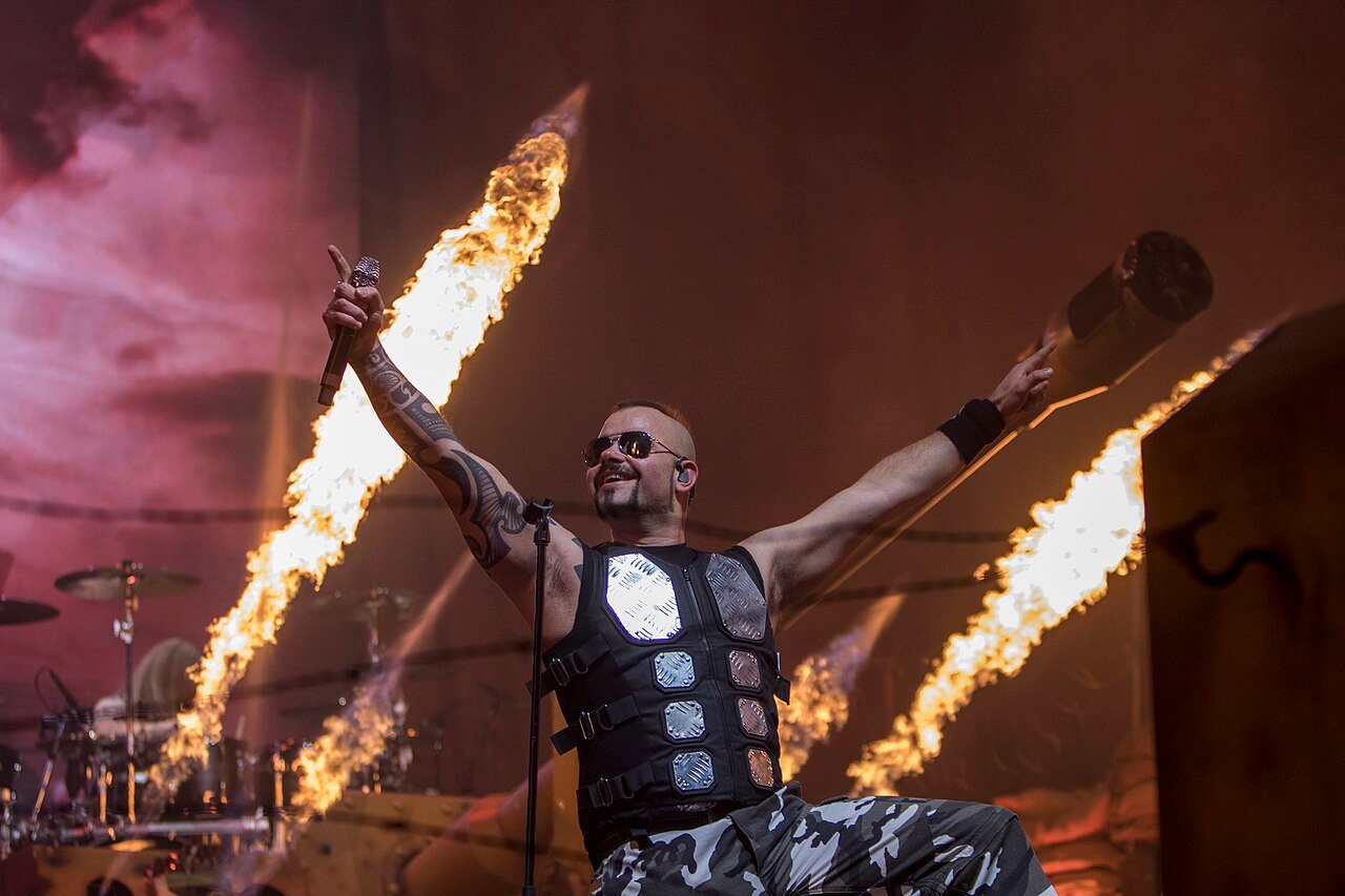 Sabaton performing with pyrotechnics at Hartwall Arena in 2019